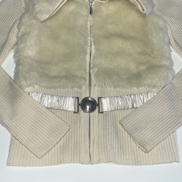 White House Black Market Ivory Belted Faux Fur Wool Sweater Jacket Full Zip XS - Picture 5 of 9